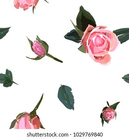 Floral seamless background pattern. Watercolor pink garden roses in hand drawn style. Elegant flowers, vector illustration for textile, wrapping paper, wedding card.
