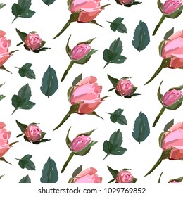 Floral seamless background pattern. Watercolor pink garden roses in hand drawn style. Elegant flowers, vector illustration for textile, wrapping paper, wedding card.