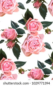 Floral seamless background pattern. Watercolor pink garden roses in hand drawn style. Elegant flowers , vector illustration for textile, wrapping paper, wedding card.