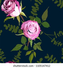 Floral seamless background pattern. Watercolor pink garden roses in hand drawn style. Elegant flowers and leaves, vector illustration for textile print, wrapping paper, wedding card.