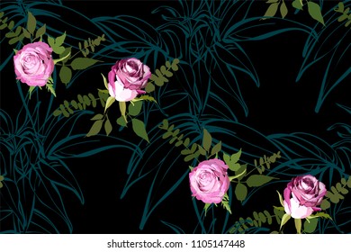 Floral seamless background pattern. Watercolor pink garden roses in hand drawn style. Elegant flowers and leaves, vector illustration for textile print, wrapping paper, wedding card.