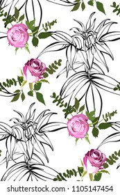 Floral seamless background pattern. Watercolor pink garden roses in hand drawn style. Elegant flowers and leaves, vector illustration for textile print, wrapping paper, wedding card.