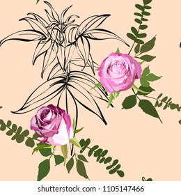 Floral seamless background pattern. Watercolor pink garden roses in hand drawn style. Elegant flowers and leaves, vector illustration for textile print, wrapping paper, wedding card.
