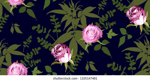 Floral seamless background pattern. Watercolor pink garden roses in hand drawn style. Elegant flowers and leaves, vector illustration for textile print, wrapping paper, wedding card.
