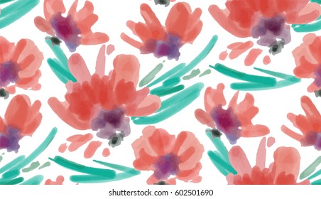 Floral seamless background pattern. Watercolor flowers hand painted, vector illustration.