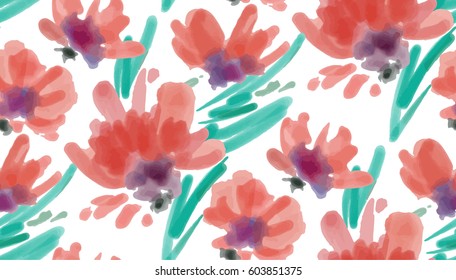 Floral seamless background pattern. Watercolor flowers hand painted, vector illustration.