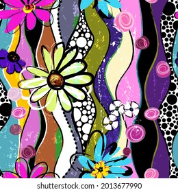 floral seamless background pattern, with waves, dots, paint strokes and splashes