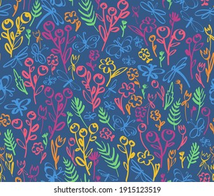 Floral seamless background pattern. Wild flowers and buterlies hand drawn, vector. Spring summer. Fabric swatch, textile design, wrapping 