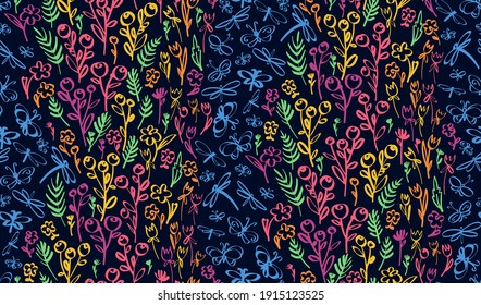 Nahtlose florale Hintergrundmuster. Wilde Blumen und Butterblumen, handgezeichnet, Vektorgrafik. Frühlingssommer. Armbanduhr, Stoffdesign, Umhüllung 