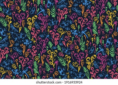 Floral seamless background pattern. Wild flowers and buterlies hand drawn, vector. Spring summer. Fabric swatch, textile design, wrapping 