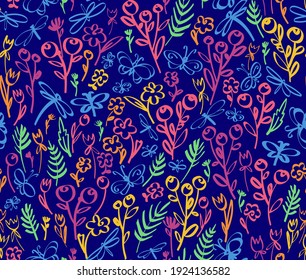 Floral seamless background pattern. Wild flowers and buterlies hand drawn, vector. Spring summer. Fabric swatch, textile design, wrapping 