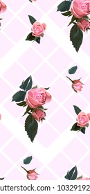 Floral seamless background patternwith gride. Watercolor pink garden roses in hand drawn style. Elegant flowers, vector illustration for textile, wrapping paper, wedding card.