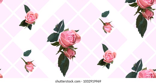 Floral seamless background patternwith gride. Watercolor pink garden roses in hand drawn style. Elegant flowers, vector illustration for textile, wrapping paper, wedding card.