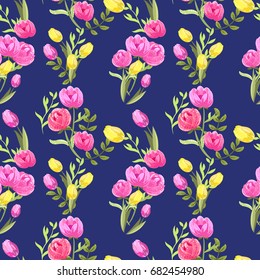 Floral seamless background with peony and tulip flowers. Fashion pattern for textile, wallpaper, scrapbooking, decoupage.