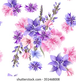 Floral seamless background with pink and blue field flowers