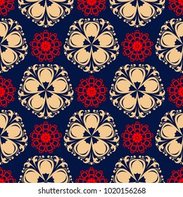 Floral seamless background. Red and beige flower elements on blue background for wallpapers, textile and fabrics