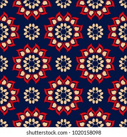 Floral seamless background. Red and beige flower elements on blue background for wallpapers, textile and fabrics
