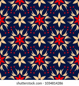 Floral seamless background. Red and beige flower elements on blue background for wallpapers, textile and fabrics