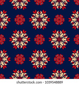 Floral seamless background. Red and beige flower elements on blue background for wallpapers, textile and fabrics