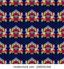 Floral seamless background. Red and beige flower elements on blue background for wallpapers, textile and fabrics