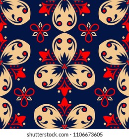 Floral seamless background. Red and beige flower elements on blue background for wallpapers, textile and fabrics