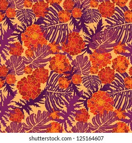 Floral seamless background with red, yellow and purple flowers. Ornate flower pattern.