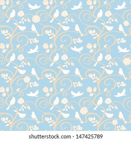 Floral seamless background with roses and birds. Vector pattern 