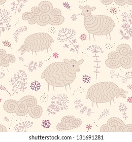 Floral seamless background with sheep and clouds. Vector pattern