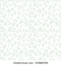 Floral seamless background with small leaves, twigs of plants. Simple pattern Green on white color The idea for printing, tissue, packaging, scrapbooking Vector illustration Millefleurs liberty style 
