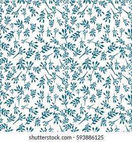 Floral seamless background with small leaves, twigs of plants Simple pattern. Green on white color The idea for printing, tissue packaging, scrapbooking Vector illustration Millefleurs liberty style 