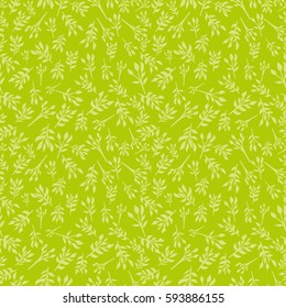 Floral seamless background with small leaves, twigs of plants. Simple pattern. Green color. The idea for printing, tissue, packaging, scrapbooking. Vector illustration Millefleurs liberty style 