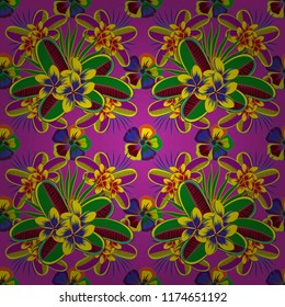 Floral seamless background for textile or book covers, gift wrap or fabric. Vector simple cute seamless pattern in small-scale flowers. Millefleurs. Liberty style in yellow, green and magenta colors.