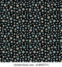 Floral seamless background for textile or book covers, gift wrap and scrapbooking. Millefleurs. Vector simple cute seamless pattern in small-scale flowers. Liberty style in beige and blue colors.