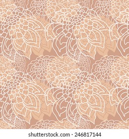 Floral seamless background. Floral seamless texture with white contours of flowers on beige background. Decorative flower pattern.