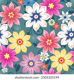 Floral seamless background. Various flowers and leaves on a gray background.
