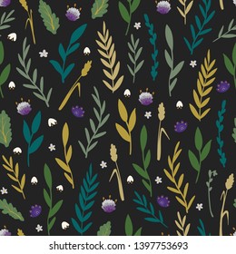 Floral seamless background. Vector colored illustration, a leaves, branches, flowers on a dark background. Pattern for wrapping paper, wallpaper, fabric, packaging.