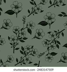 floral seamless background. vector illustration with flowers, leaves and twigs in restrained dark green tones