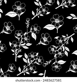 Ilustración vectorial con flores, hojas y ramitas en blanco y negro