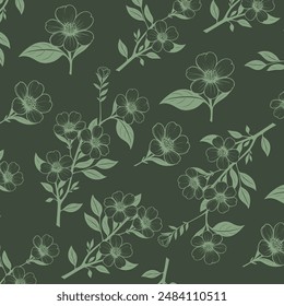 Floral seamless background vector illustration with flowers, leaves and twigs on a dark green background