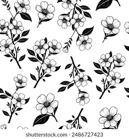 floral seamless background. vector illustration with flowers, leaves and twigs in white and black