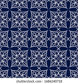 Floral seamless background. White design on dark blue backdrop. Vector illustration