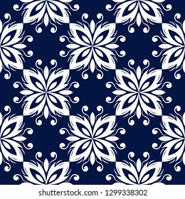 Floral seamless background. White pattern on dark blue backdrop