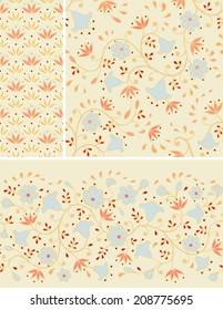 Floral seamless backgrounds and border. Set of pattens with decorative flowers. Vector illustration.