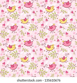 Floral seamless with birds. Vector illustration.