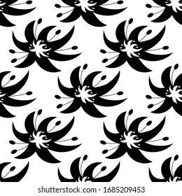 Color blanco y negro floral sin fisuras en un estilo plano. Fantásticas flores abstractas dibujadas a mano similares a las lirios.