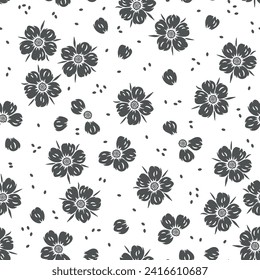 Floral Seamless black and white Pattern. Flower of Strawberry. Vector Background. Great for Textile, Wrapping Paper, Packaging etc.