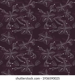 Blumennahtlose Schwarz-Weiß-Muster.Minzblätter und abstrakte Blumen in einem linearen Design für Modestoffe, Heimdekor, Verpackungspapier, Karten, Vorlagen, Scrapbooking.Vektorgrafik.