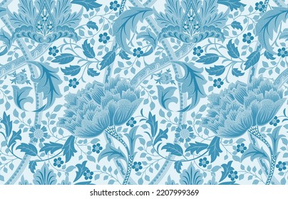 Floral seamless blue pattern with big flowers on light background. Vector illustration.