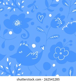 floral seamless blue pattern with flowers, butterflies, birds, hearts, branches, dots - hand drawn vector illustration
