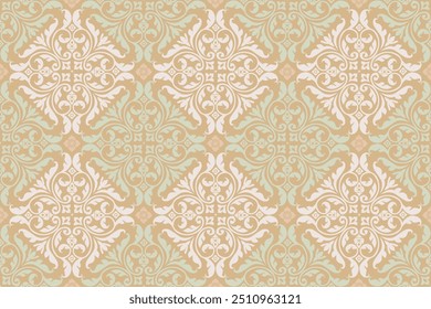 Patrón tailandés tradicional de color beige atrevido floral sin costuras en motivos de estilo damasco adecuados para Fondo de pantalla, ropa, tela, azulejos y cortinas. Encuentra ilustración de diseño de Vector.